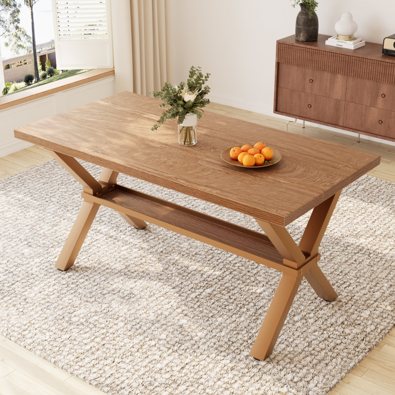 Kristofer 63" Kitchen Dining Table with Storage Shelves, Oak Wood