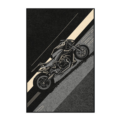 Machine Washable Eldred Cyberpunk Motorcycle Modern Geometric Rug in Gray – Black Binding