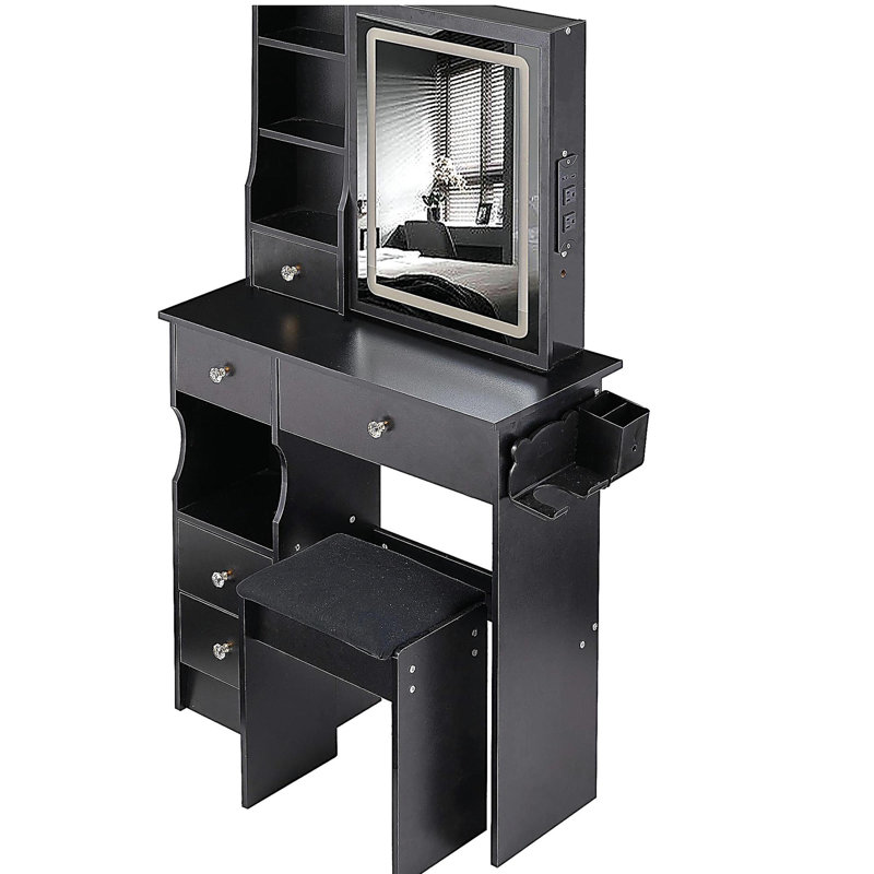 29.2" Small Size Left Drawer Desktop Vanity Table + Cushioned Stool, 2 AC+2 USB Power Station, Hair dryer bracket, Extra Large Touch Control Sliding LED Mirror, Tri-color Switching, Brightness Adjust