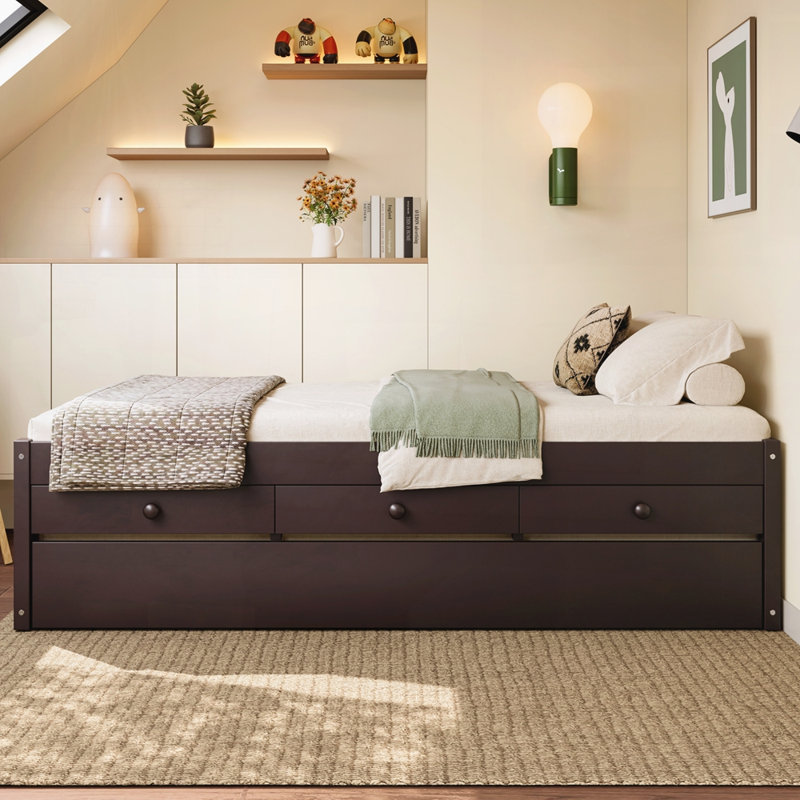 Lit plateforme moderne avec lit gigogne et 2 tiroirs, Lit simple, Espresso