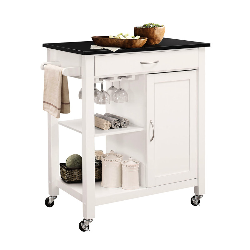 Dessus de style noir en bois et chariot de cuisine blanc avec 1 porte, tiroir, 2 tablettes de rangement ouvertes, porte-verres à pied, crochet à serviette à roulettes pour une utilisation pratique dans le dessus d'un îlot, tablettes fixes, barre à roulettes