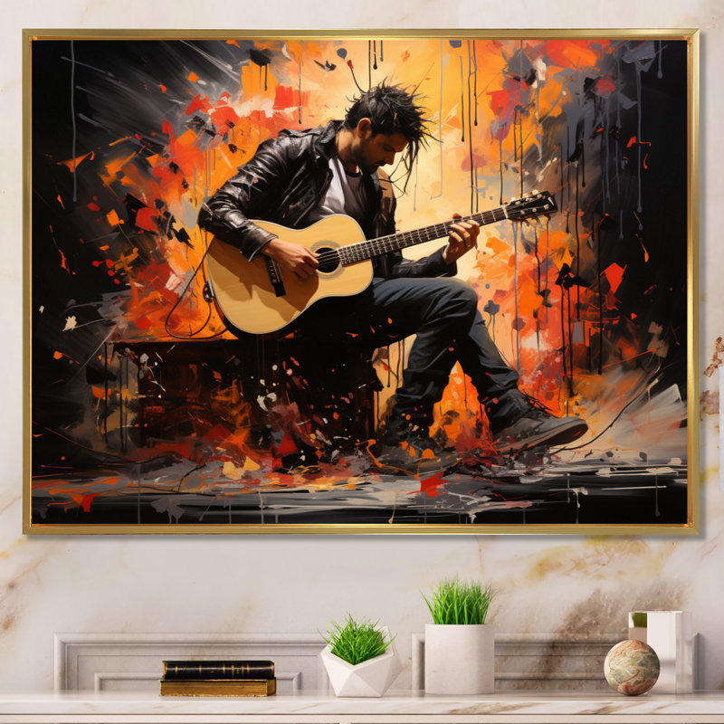 " Orange Black Music Melodic Strings ", 12" H x 20" W x 1" D, Gold Floater Framed