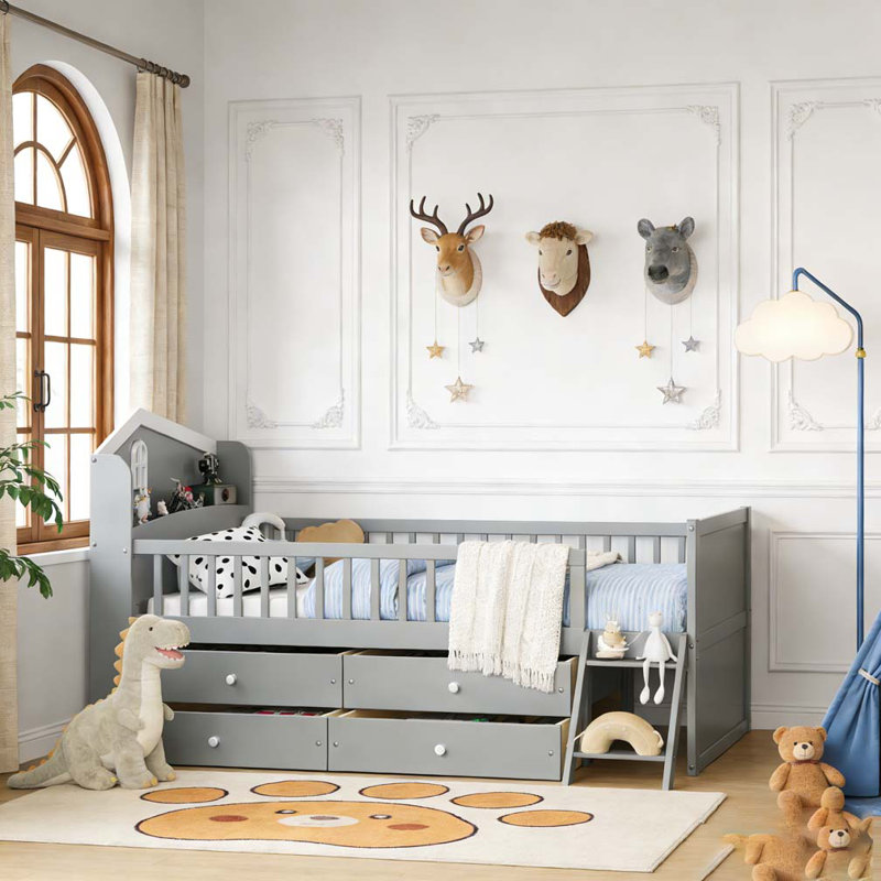 Structure de lit simple avec rangement 4 tiroirs, Gris