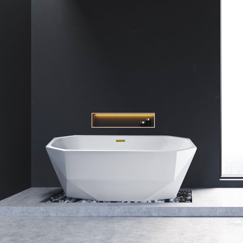 59" Streamline Freestanding Soaking Acrylic Bathtub With Drain and Bamboo Tray, Polished Gold