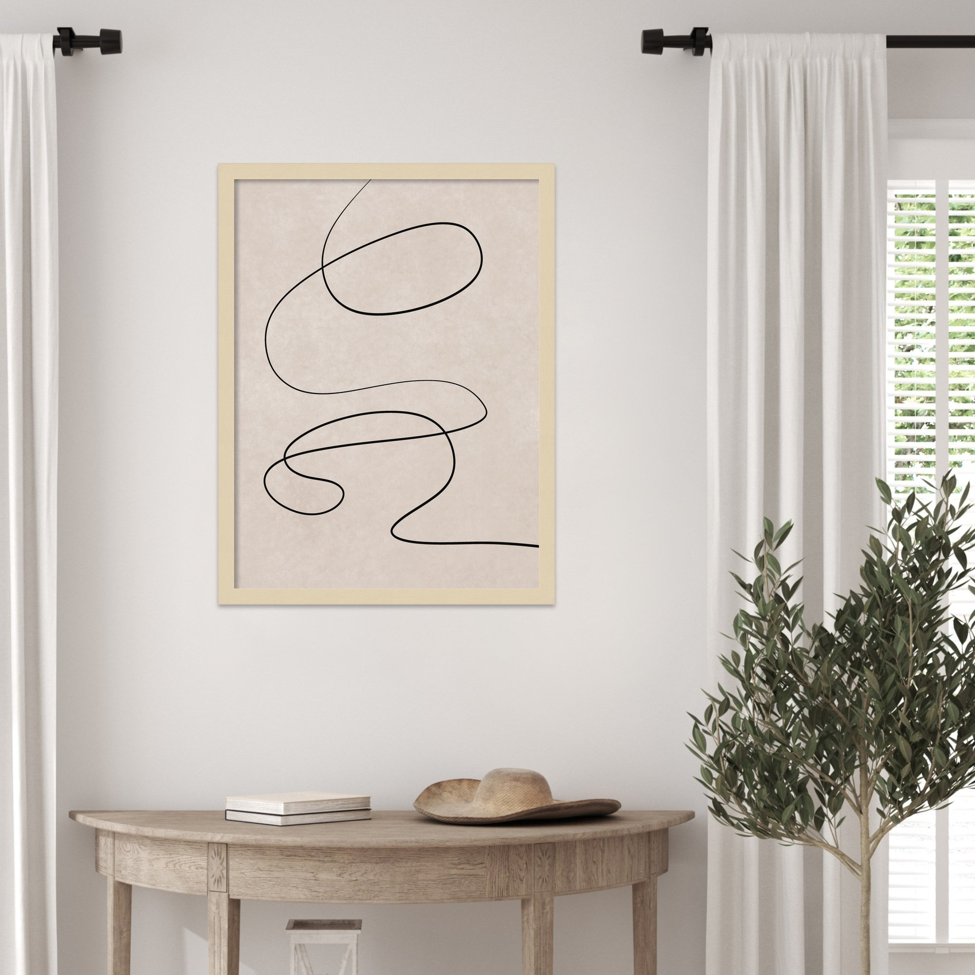 Black Line and Textured Beige Background by Little Dean Wood Framed Wall Art Print, Brown, 25" H x 19" W