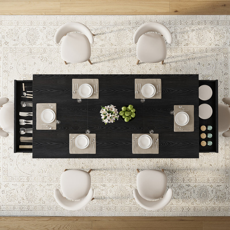 Table de salle à manger de rangement rectangulaire de 71 pouces pour 6 à 8 personnes, structure en métal à double piédestal incurvé avec 2 tiroirs latéraux intégrés, table multi-usage en placage de bois résistant aux rayures pour la salle à manger cuisine bureau café