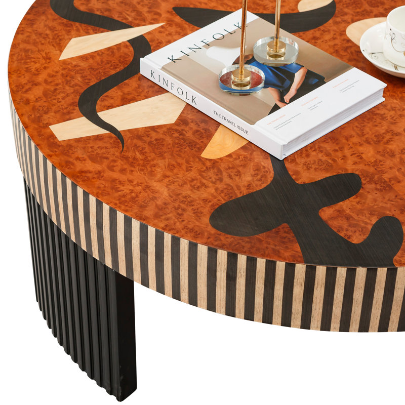 Mid-Century Modern Round Coffee Table Set with Mosaic Wood Veneer Top