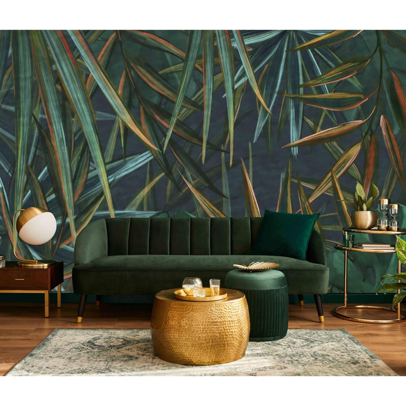 Murale de feuilles de palmier tropical foncé, peinture à l'huile abstraite sur feuilles