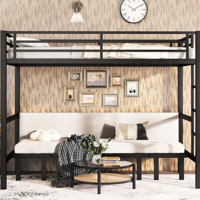 Lit superposé simple en métal noir TG, le lit inférieur peut être retiré pour se détendre et bavarder, plateau avec garde-corps renforcé, instructions d'assemblage du lit simple, lecture, sieste, rail