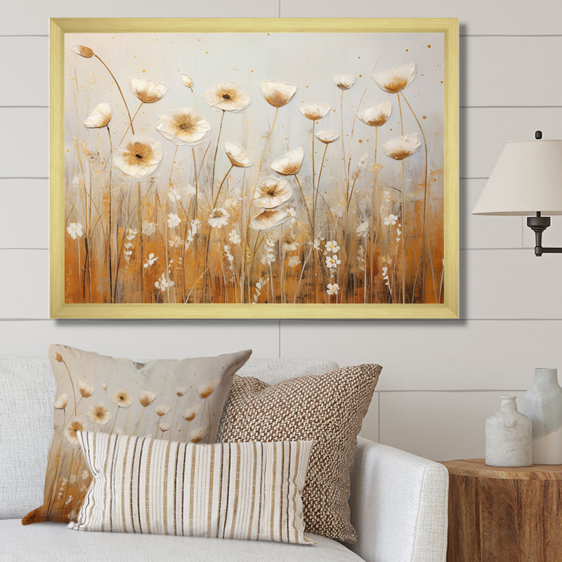 Beige fleurs de jardin murmures II, Cadre doré simple, H 12 po x l 20 po x P 1 po