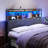 Headboard with 3-Tier Storage Shelves, Velvet Upholstered Head Board with 2 Outlets, USB Ports & LED Light, Soft Backrest for Queen Size Bed, Rustic Brown and Black-984979100-985306067