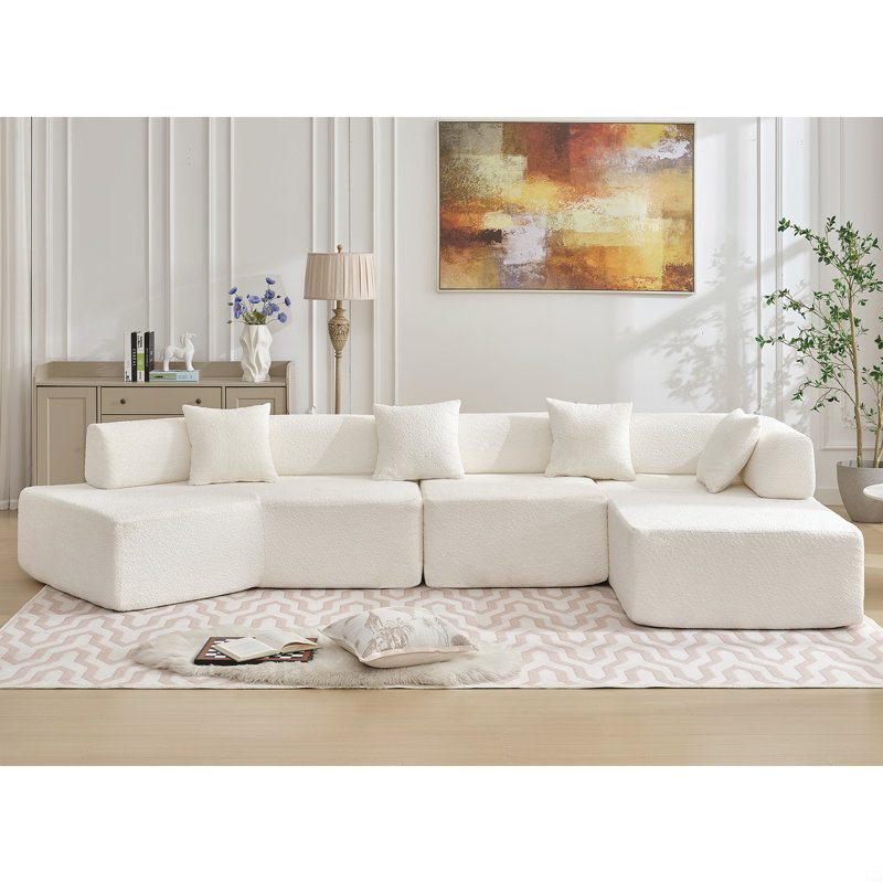 Canapé modulaire en L 140 po, sans assemblage requis, Boucle, canapé modulaire, Polyester blanc