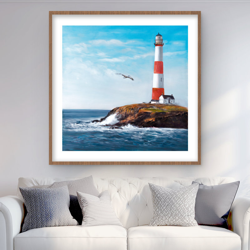 Phare au bord de la mer - mer blanche, reproduction encadrée