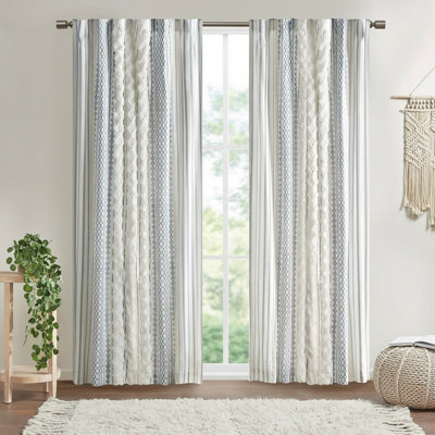 Panneau de rideau en coton avec rayure en chenille et doublure blanc / bleu marine 50 x 95 po