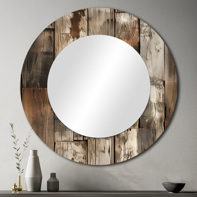Rustic Barnwood Weathered Tones - miroir mural rétro, miroir décoratif rond brun, impression d'art en métal