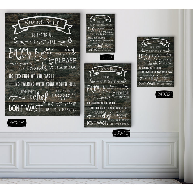 « cuisine rules », art textuel sur toile tendue, H 24 po x l 32 po x P 1,5 po