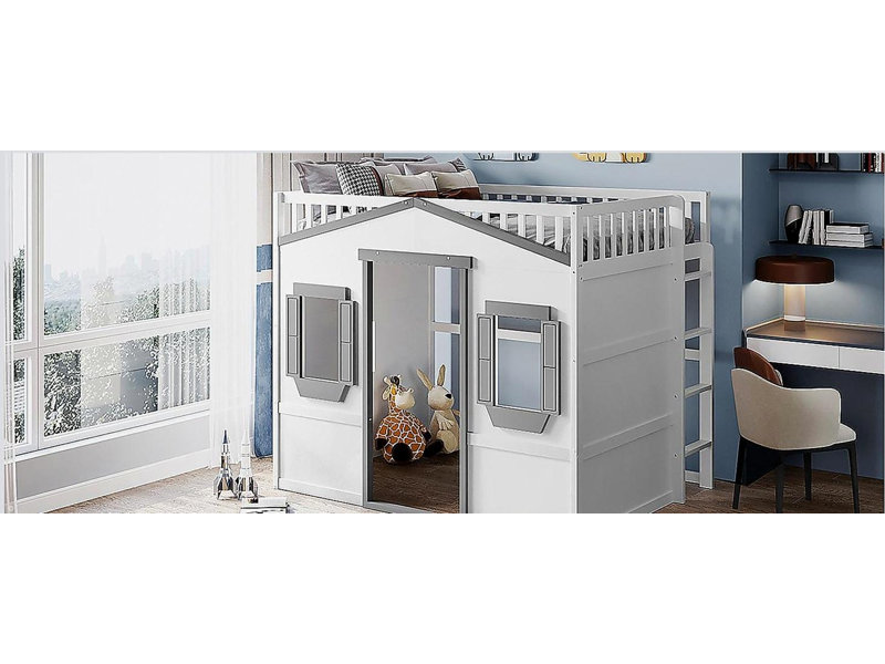 Lit mezzanine double pleine grandeur avec échelle - cadre blanc + gris (ANCIEN SKU: LT000337AAM)