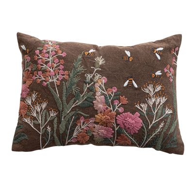 Stonewashed Cotton Slub Lumbar Pillow With Hand-Embroidered Flowers And Bees, Multicolor