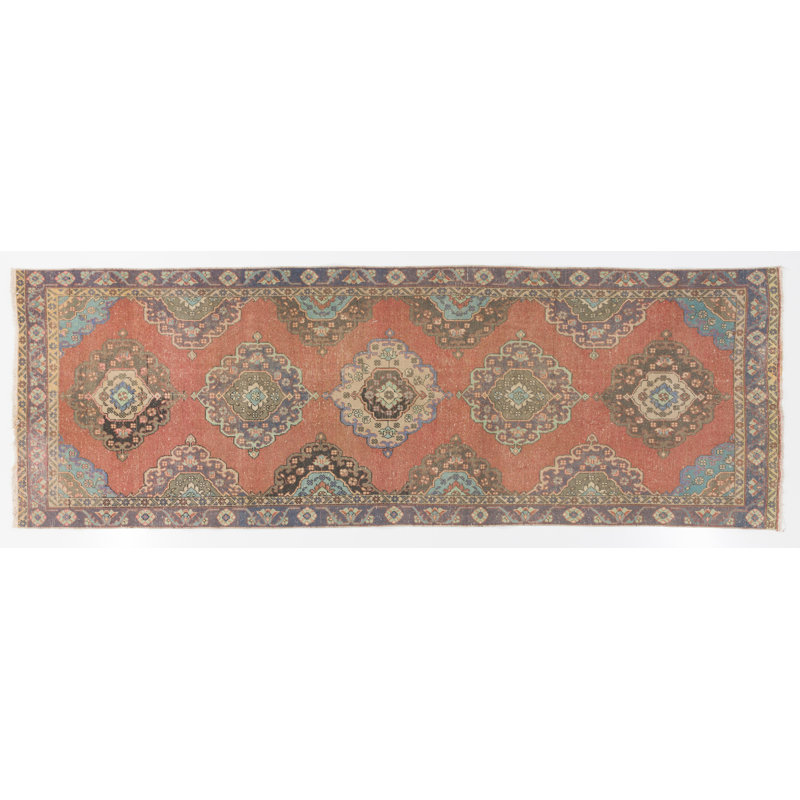Chemin de table Oushak rétro noué à la main. Tapis de couloir en laine Unique