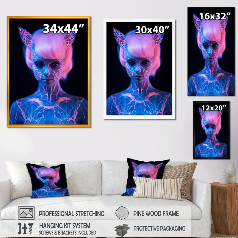Catgirl In Neon, reproduction d'art sur toile, H 20 po x l 12 po x P 1 po, Cadre simple blanc