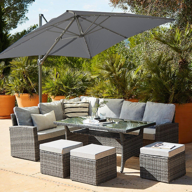 Bernardina Rattan 9 - Person Seating Group with Cushions and LED Premium Parasol, Grey, Grey