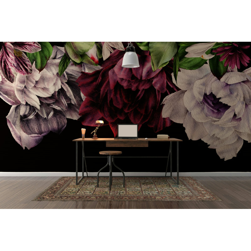 Papier peint pivoine foncé noir / bourgogne / mauve, L 99,96 po x l 150 po