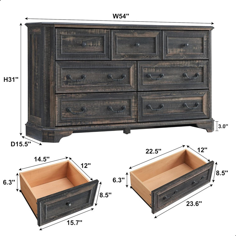 Armaan Vintage Farmhouse 7 Drawers Dresser, Dark Rustic Oak