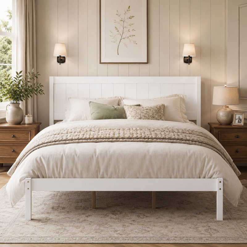 Base de lit plateforme moderne avec tête de lit à panneau et support à lattes, aucun sommier requis, Blanc