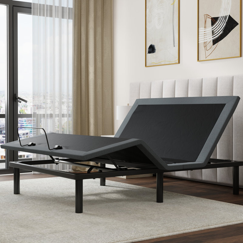 Os4 Black And Grey Split Top Queen Adjustable Bed Base With Head Foot Positions, Zero Gravity One - Touch Flat Restoration, Extra Strength Frame Enhancement, Wireless Remote For Convenient Use,