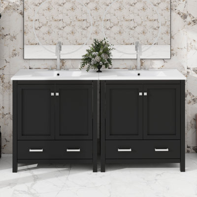 Ensemble de meuble-lavabo double 60 po avec lavabo double 60 po, meuble-lavabo moderne en bois avec lavabo double, tiroirs et portes (miroir non inclus)