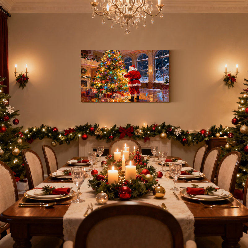 «Christmas Santa Decorates Christmas Tree with Lights», ensemble de 3 impressions murales sur toile, H 16 po x l 24 po
