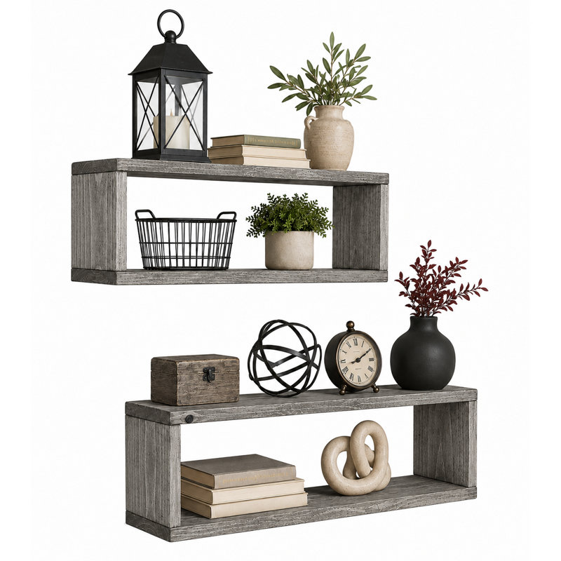 Ensemble de 2 tablettes murales en bois massif Gallery, Weathered Grey