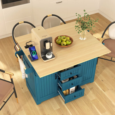 Grand îlot de cuisine 55,7 po avec 2 abattants, chariot de cuisine roulant sur 5 roulettes avec prise de courant, table de salle à manger pliante avec porte-épices et porte-serviettes, 3 tiroirs, pour la cuisine, la salle à manger