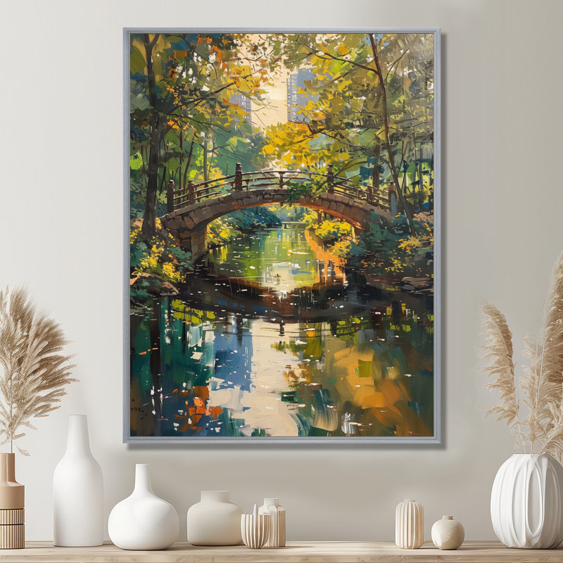 Décoration murale pont jaune jaune vert automne urbain, Toile argentée avec cadre flottant, H 44 po x l 34 po x P 1,5 po