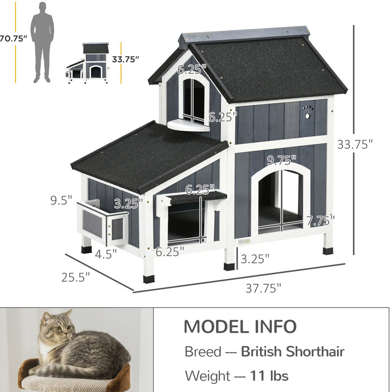 Maison d'extérieur pour chat - Toit et jardin avec entrées multiples pour 15 livres et plus de chats lourds, gris avec lit