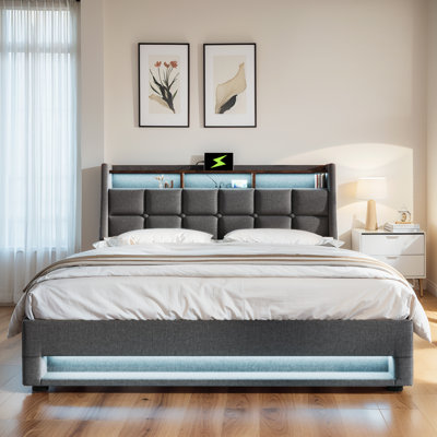 Hydraulic Lift Up Storage Upholstered Platform Bed With Charging And Led Light