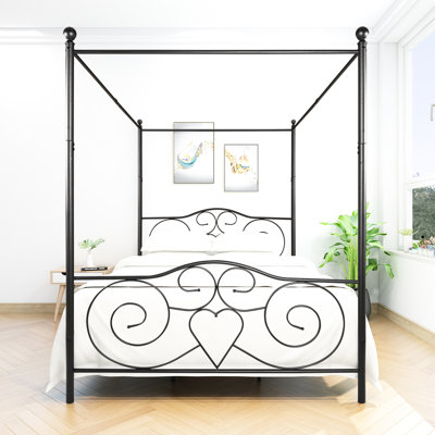 Structure de lit à baldaquin en métal pour grand lit - résistance renforcée, design rétro, tête de lit style noir, taille bruit, repose-pieds, espace de rangement,