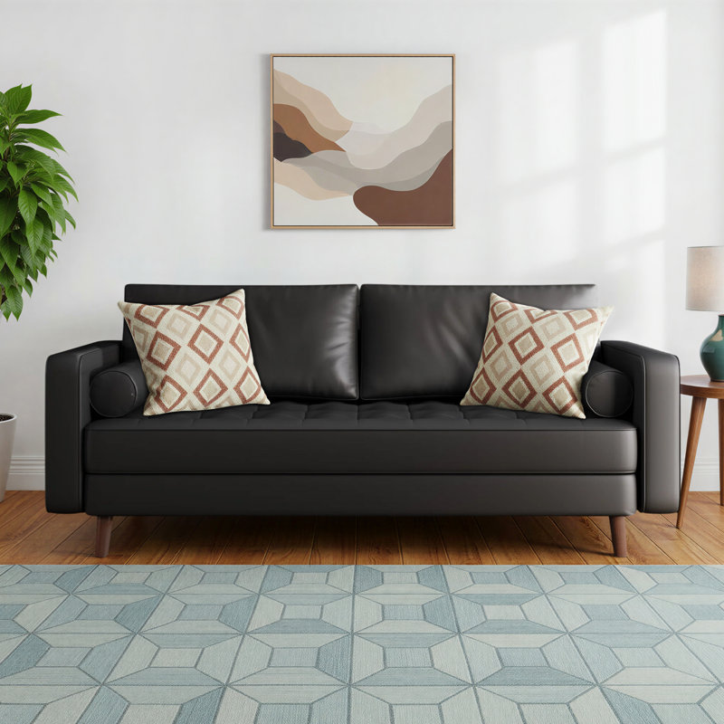 Bridgeview Leather Mid Century Modern Upholstered Square Arm Sofa or Loveseat, Black Vegan Leather, Sofa 70" W 