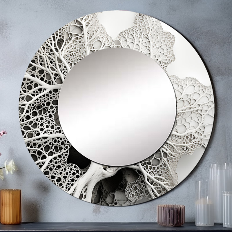 Sous l'eau, coraux noirs et blancs, collage I - miroir côtier, miroir mural décoratif rond, art en métal imprimé