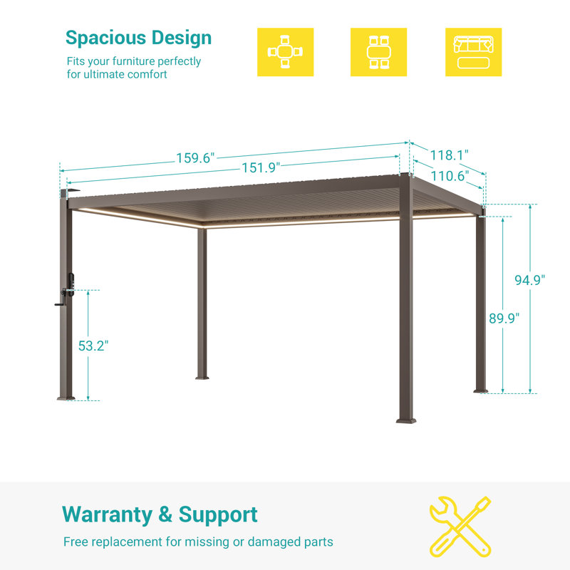 Solar LED Louvered Pergola, Outdoor Metal Pergola with LED Strip Lights, Patio Pergola with Adjustable Roof for Patio, Deck, Garden,Yard