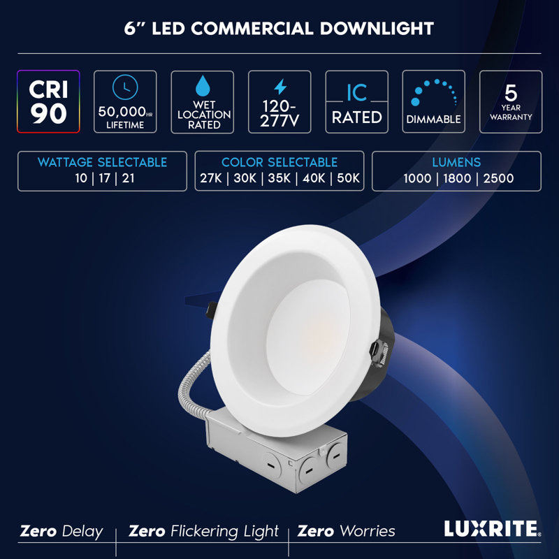 Luminaire encastré commercial à DEL J-Box 5CCT 3 watts 10/17 / 21W 0-10V à intensité variable LUXRITE CRI90 1000/1800/2500 lumens 120-277V