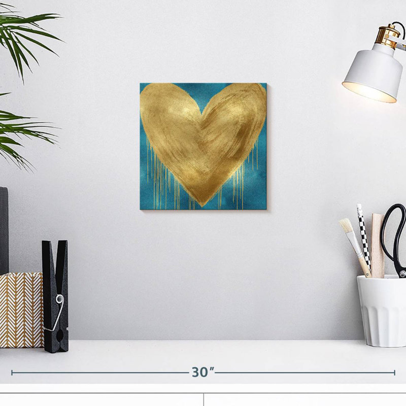 Grand cœur doré sur turquoise, H 10 po x l 10 po