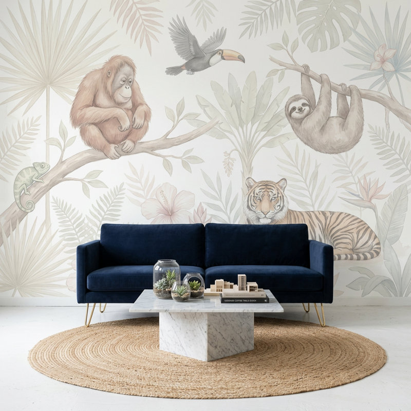 Papier peint fond blanc avec décoration murale fond blanc amovible Jungle Vibe, 160 po x 108 po, Peler et coller