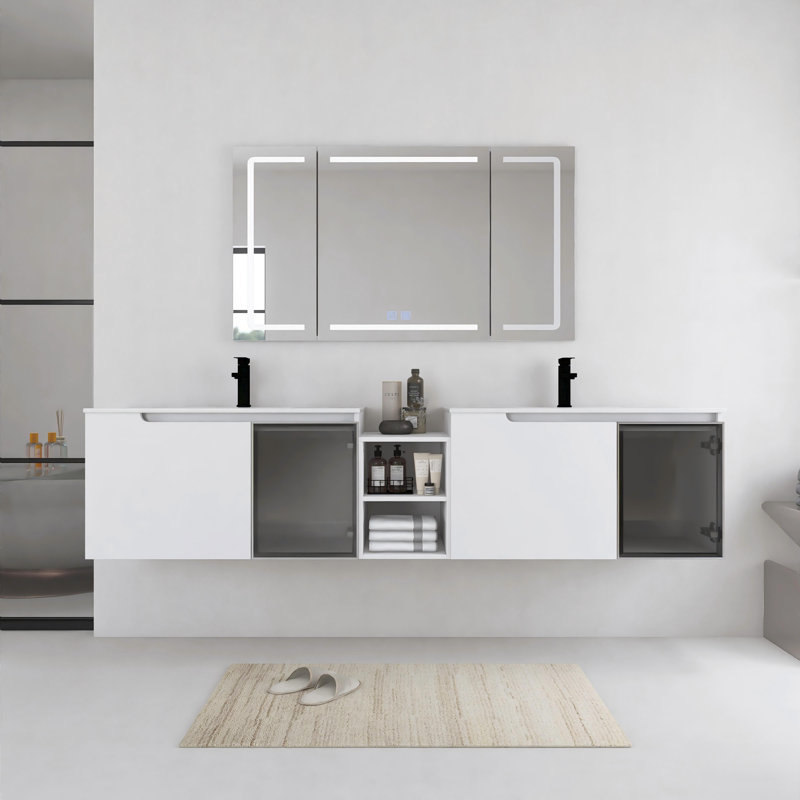 Ensemble de meuble-lavabo mural double 84 po avec lavabo en céramique et petite tablette de rangement 84 po, 84"