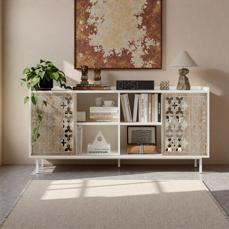 Sicotas Mid Century Sideboard With Sliding Doors, Rustic Solid Wood Tv Stand Cabinet With Distressed Finish, Storage Buffet For Living Room, 245lb Capacity