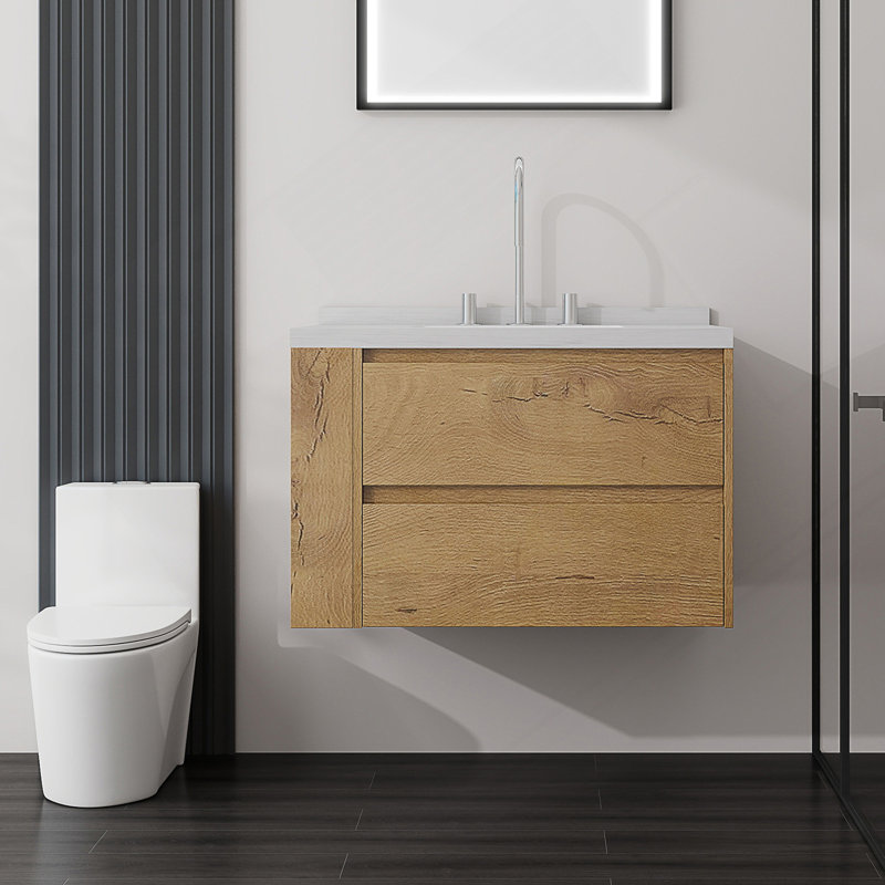 Meuble-lavabo suspendu avec lavabo, tiroirs à fermeture douce et comptoir en marbre reconstitué, Oak, 30" W