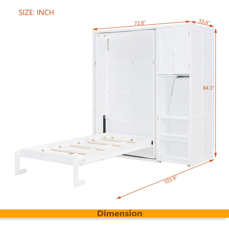 Lit escamotable mural simple avec bibliothèque, armoire supérieure, bureau extensible et rangement latéral, Blanc