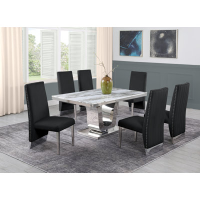 Andorra White Marble Dining Set with Velvet Side Chairs