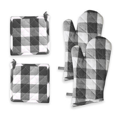 Oven Mitt & Pot Holder Buffalo Plaid Check 100% Cotton Heat Resistant Oven Gloves (7"x13") & Hot Pads (8"x8") Combo for Baking, Cooking - Grey