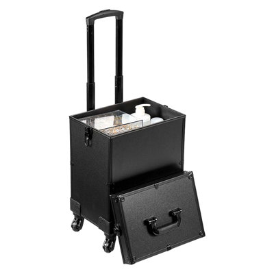 Valise de maquillage professionnelle à roulettes avec poignée réglable et roulettes pivotantes, grand organisateur de cosmétiques en aluminium avec compartiments amovibles, noire